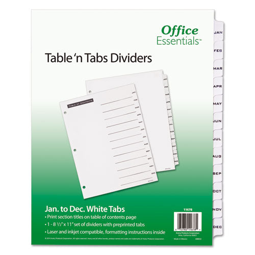 Table n Tabs Dividers, 12-Tab, Jan. to Dec., 11 x 8.5, White, White Tabs, 1 Set-(AVE11678)