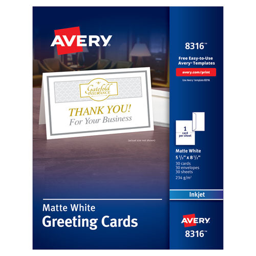 Half-Fold Greeting Cards with Matching Envelopes, Inkjet, 85 lb, 5.5 x 8.5, Matte White, 1 Card/Sheet, 30 Sheets/Box-(AVE8316)