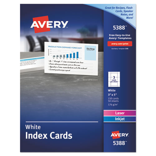 Printable Index Cards with Sure Feed, Unruled, Inkjet/Laser, 3 x 5, White, 150 Cards, 3 Cards/Sheet, 50 Sheets/Box-(AVE5388)