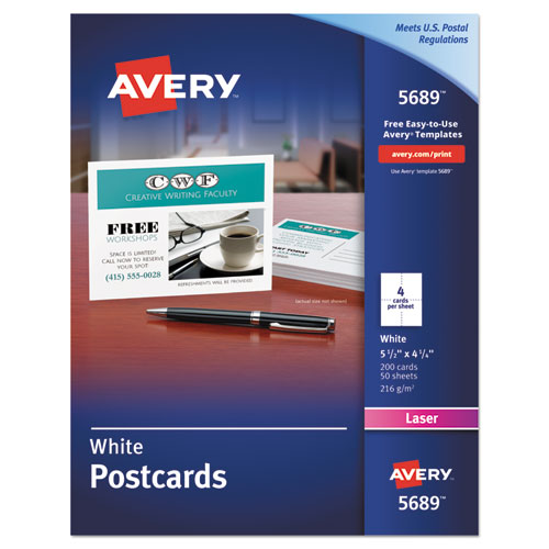 Printable Postcards, Laser, 80 lb, 4.25 x 5.5, Uncoated White, 200 Cards, 4 Cards/Sheet, 50 Sheets/Box-(AVE5689)