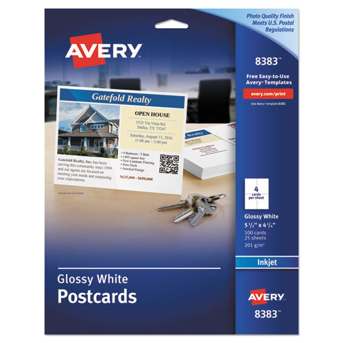 Photo-Quality Printable Postcards, Inkjet, 74 lb, 4.25 x 5.5, Glossy White, 100 Cards, 4 Cards/Sheet, 25 Sheets/Pack-(AVE8383)