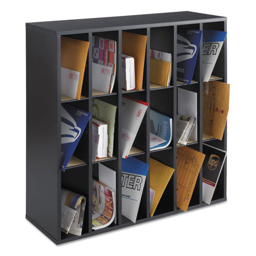 Wood Mail Sorter with Adjustable Dividers, Stackable, 18 Compartments, 33.75 x 12 x 32.75, Black-(SAF7765BL)