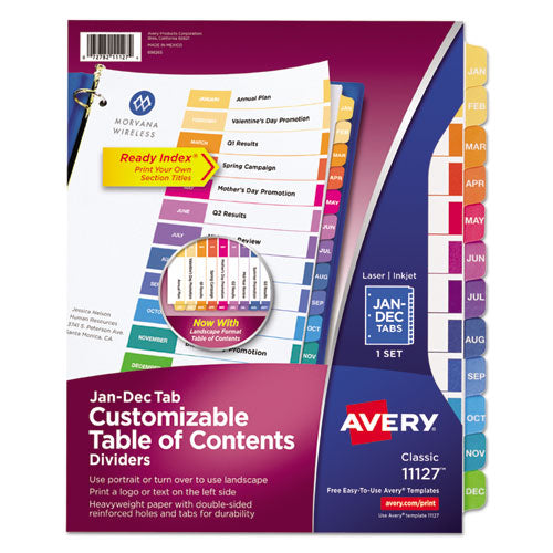 Customizable TOC Ready Index Multicolor Tab Dividers, 12-Tab, Jan. to Dec., 11 x 8.5, White, Traditional Color Tabs, 1 Set-(AVE11127)