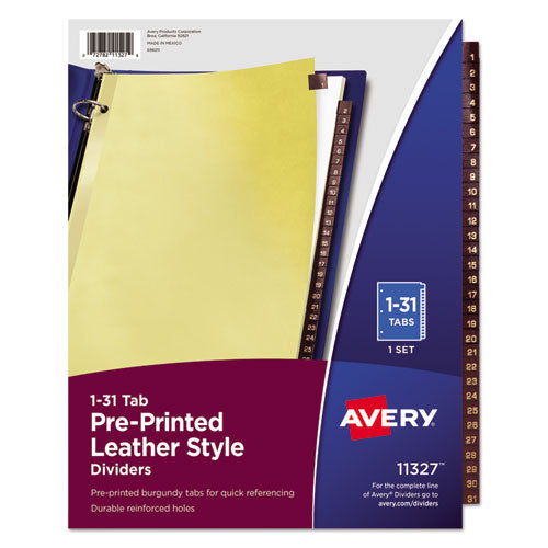 Preprinted Red Leather Tab Dividers with Clear Reinforced Binding Edge, 31-Tab, 1 to 31, 11 x 8.5, Buff, 1 Set-(AVE11327)