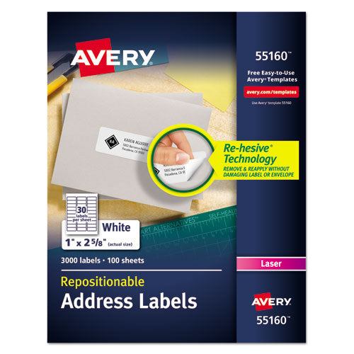 Repositionable Address Labels w/SureFeed, Laser, 1 x 2.63, White, 3000/Box-(AVE55160)