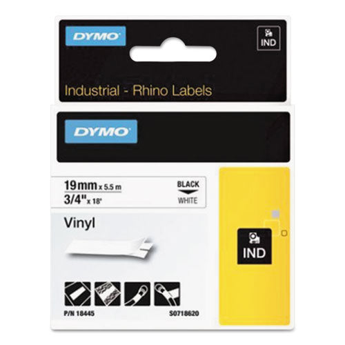 Rhino Permanent Vinyl Industrial Label Tape, 0.75" x 18 ft, White/Black Print-(DYM18445)