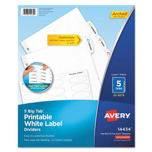 Big Tab Printable White Label Tab Dividers, 5-Tab, 11 x 8.5, White, 20 Sets-(AVE14434)