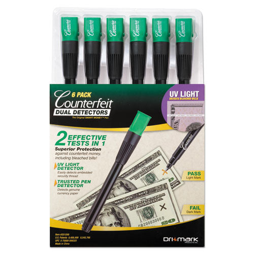 Counterfeit Money Detection System, UV Light Watermark Detector Color Change Ink, U.S. Currency, 0.8 x 0.8 x 6, Black/Green-(DRI351UV6)