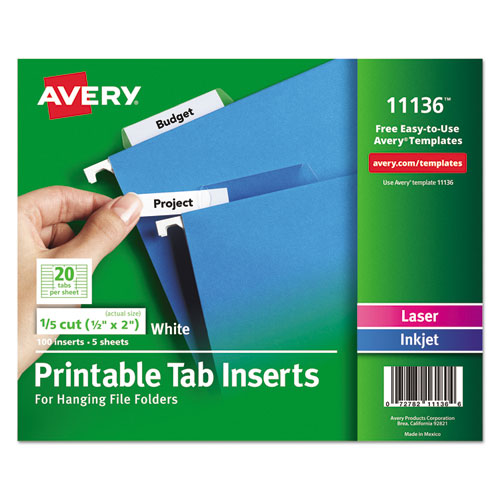 Tabs Inserts For Hanging File Folders, 1/5-Cut, White, 2" Wide, 100/Pack-(AVE11136)
