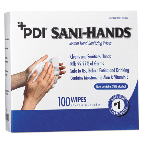 PDI Sani-Hands Instant Hand Sanitizing Wipes, 1-Ply, 8 x 5, White, 1,000/Carton-(NICD43600)