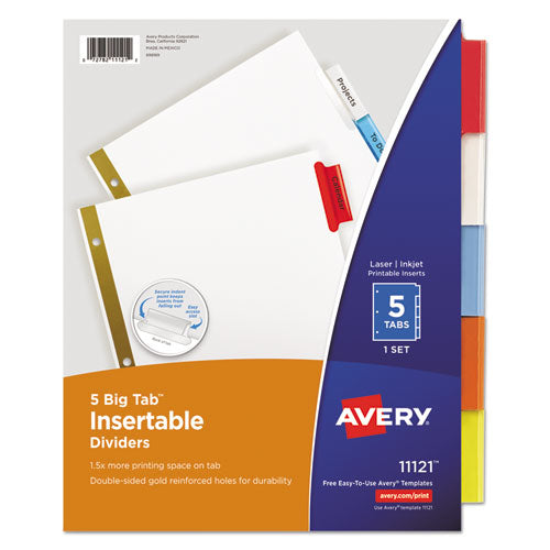 Insertable Big Tab Dividers, 5-Tab, Double-Sided Gold Edge Reinforcing, 11 x 8.5, White, Assorted Tabs, 1 Set-(AVE11121)