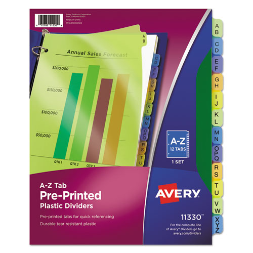 Durable Preprinted Plastic Tab Dividers, 12-Tab, A to Z, 11 x 8.5, Assorted, 1 Set-(AVE11330)