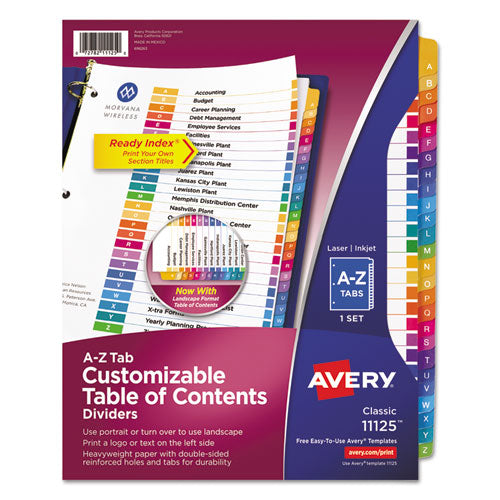 Customizable TOC Ready Index Multicolor Tab Dividers, 26-Tab, A to Z, 11 x 8.5, White, Traditional Color Tabs, 1 Set-(AVE11125)