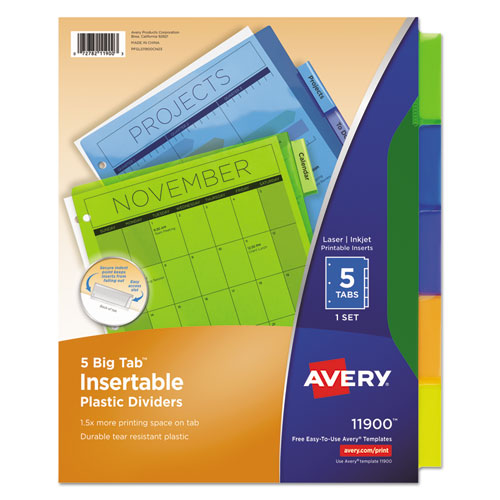 Insertable Big Tab Plastic Dividers, 5-Tab, 11 x 8.5, Assorted, 1 Set-(AVE11900)