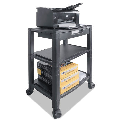 Height-Adjustable Deskside Printer Cart, Plastic, 3 Shelves, 1 Drawer, 60 lb Capacity, 20" x 13.25" x 24.5", Black-(KTKPS640)