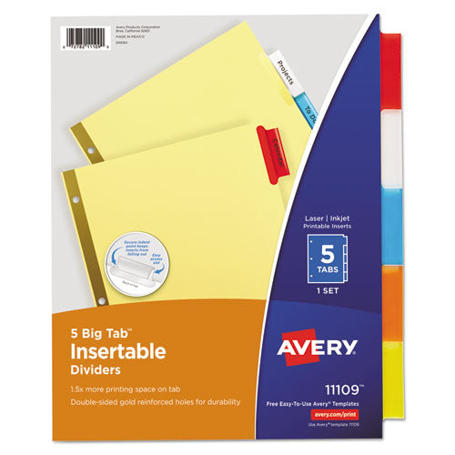 Insertable Big Tab Dividers, 5-Tab, Double-Sided Gold Edge Reinforcing, 11 x 8.5, Buff, Assorted Tabs, 1 Set-(AVE11109)
