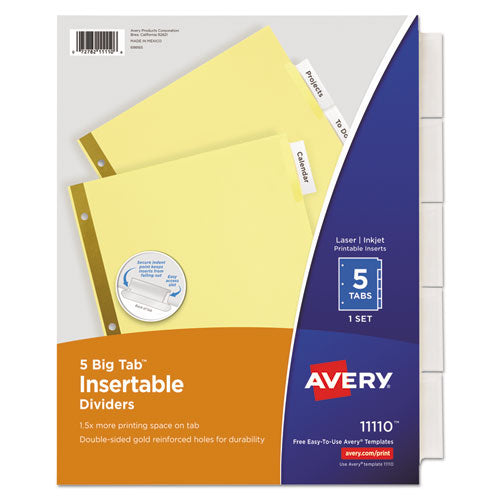 Insertable Big Tab Dividers, 5-Tab, Double-Sided Gold Edge Reinforcing, 11 x 8.5, Buff, Clear Tabs, 1 Set-(AVE11110)