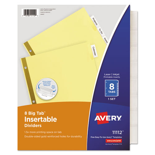 Insertable Big Tab Dividers, 8-Tab, Double-Sided Gold Edge Reinforcing, 11 x 8.5, Buff, Clear Tabs, 1 Set-(AVE11112)