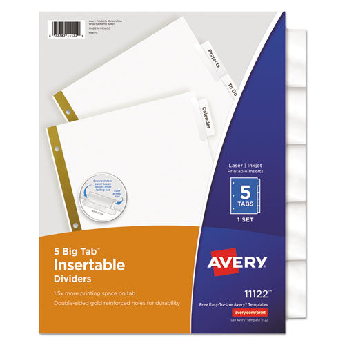 Insertable Big Tab Dividers, 5-Tab, Double-Sided Gold Edge Reinforcing, 11 x 8.5, White, Clear Tabs, 1 Set-(AVE11122)