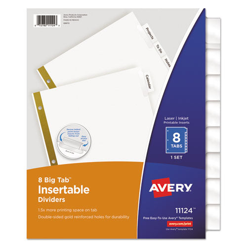 Insertable Big Tab Dividers, 8-Tab, Double-Sided Gold Edge Reinforcing, 11 x 8.5, White, Clear Tabs, 1 Set-(AVE11124)