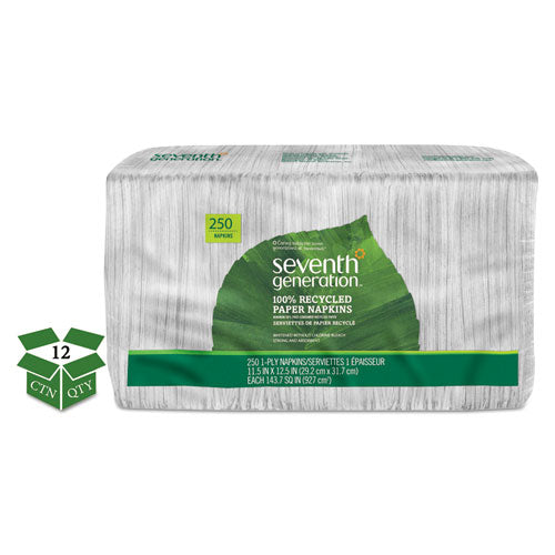 100% Recycled Napkins, 1-Ply, 11 1/2 x 12 1/2, White, 250/Pack, 12 Packs/Carton-(SEV13713CT)