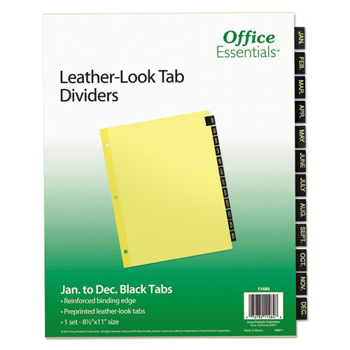 Preprinted Black Leather Tab Dividers, 12-Tab, Jan. to Dec., 11 x 8.5, Buff, 1 Set-(AVE11484)