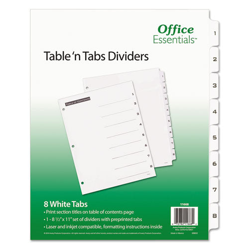 Table n Tabs Dividers, 8-Tab, 1 to 8, 11 x 8.5, White, White Tabs, 1 Set-(AVE11668)