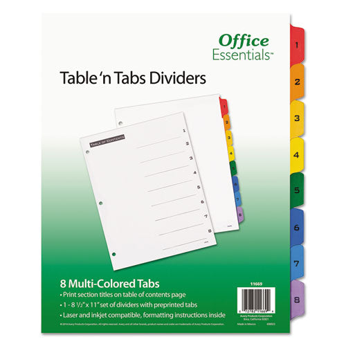 Table n Tabs Dividers, 8-Tab, 1 to 8, 11 x 8.5, White, Assorted Tabs, 1 Set-(AVE11669)