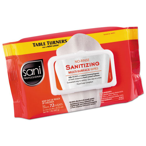 No-Rinse Sanitizing  Multi-Surface Wipes, 1-Ply, 8 x 9, Unscented, White, 72 Wipes/Pack, 12 Packs/Carton-(NICM30472)