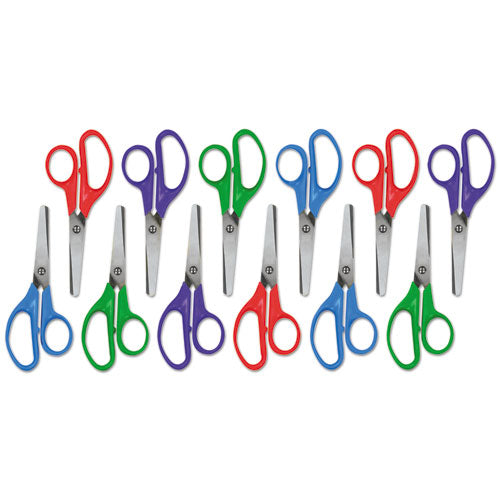 Kids Scissors, Rounded Tip, 5" Long, 1.75" Cut Length, Assorted Straight Handles, 12/Pack-(UNV92023)