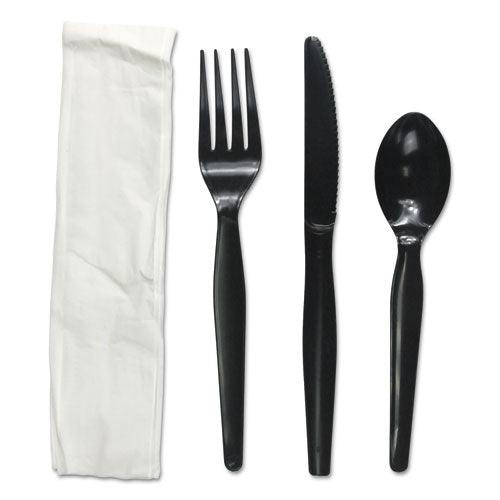 Four-Piece Cutlery Kit, Fork/Knife/Napkin/Teaspoon, Heavyweight, Black, 250/Carton-(BWKFKTNHWPSBLA)