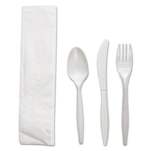 Four-Piece Cutlery Kit, Fork/Knife/Napkin/Teaspoon, White, Polypropylene, 250/Carton-(BWKFKTNMWPPWH)