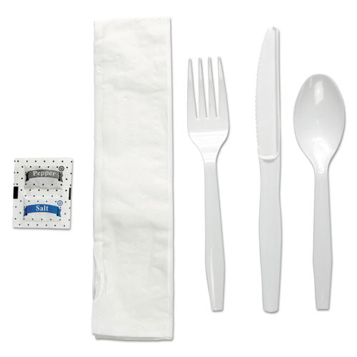 Six-Piece Cutlery Kit, Condiment/Fork/Knife/Napkin/Teaspoon, White, 250/Carton-(BWKFKTNSMWPSWH)