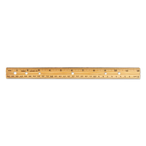 Beveled Wood Ruler w/Single Metal Edge, 3-Hole Punched, Standard/Metric, 12" Long, Natural, 36/Box-(LEO77120)