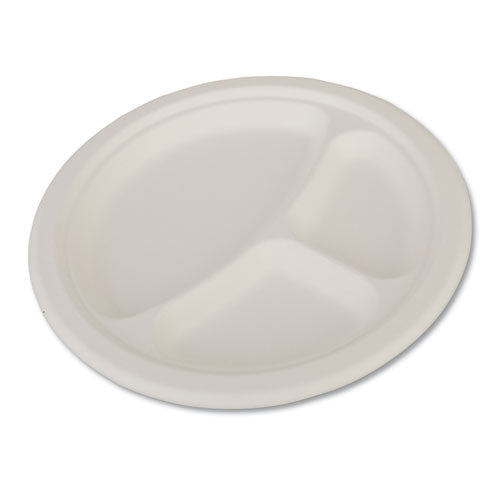 ChampWare Heavyweight Bagasse Dinnerware, Plate, 3-Compartment, 10" dia, White, 500/Carton-(SCH18163)