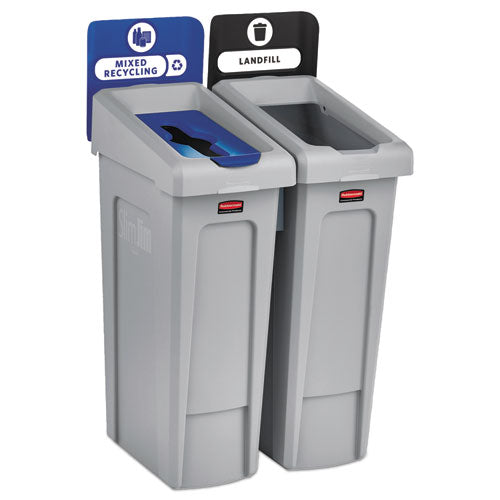 Slim Jim Recycling Station Kit, 2-Stream Landfill/Mixed Recycling, 46 gal, Plastic, Blue/Gray-(RCP2007914)