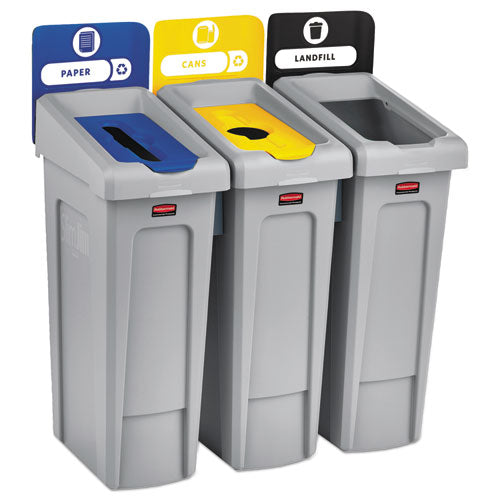 Slim Jim Recycling Station Kit, 3-Stream Landfill/Paper/Bottles/Cans, 69 gal, Plastic, Blue/Gray/Yellow-(RCP2007917)