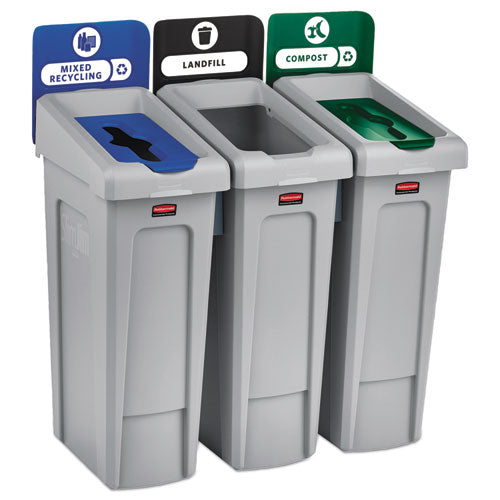 Slim Jim Recycling Station Kit, 3-Stream Landfill/Mixed Recycling, 69 gal, Plastic, Blue/Gray/Green-(RCP2007918)