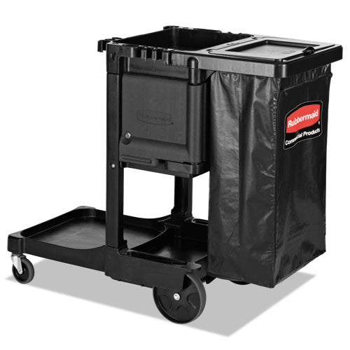 Executive Janitorial Cleaning Cart, Plastic, 4 Shelves, 1 Bin, 12.1" x 22.4" x 23", Black-(RCP1861430)