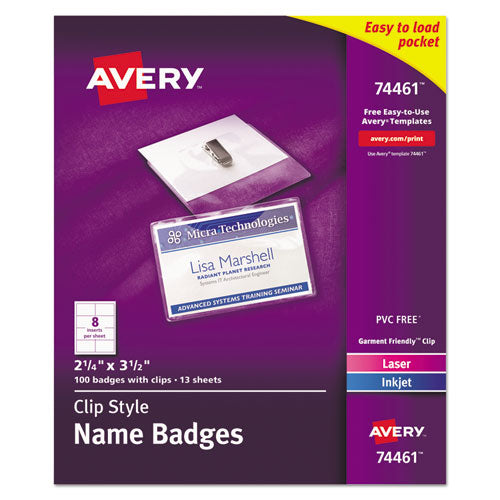 Clip-Style Badge Holder with Laser/Inkjet Insert, Top Load, 3.5 x 2.25, White, 100/Box-(AVE74461)