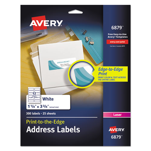 Vibrant Laser Color-Print Labels w/ Sure Feed, 1.25 x 3.75, White, 300/Pack-(AVE6879)