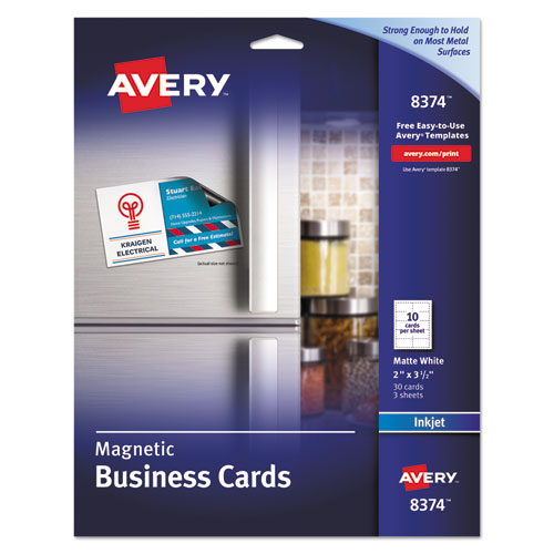 Magnetic Business Cards, Inkjet, 2 x 3.5, White, 30 Cards, 10 Cards/Sheet, 3 Sheets/Pack-(AVE8374)