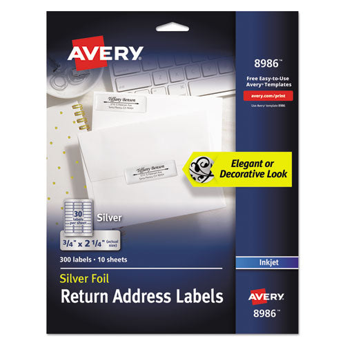 Foil Mailing Labels, Inkjet Printers, 0.75 x 2.25, Silver, 30/Sheet, 10 Sheets/Pack-(AVE8986)