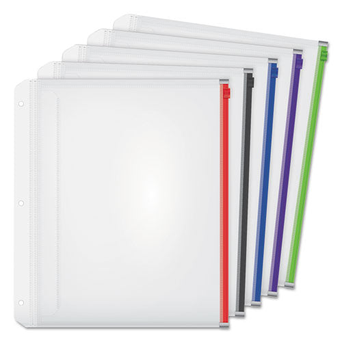 Expanding Zipper Binder Pocket, 8.5 x 11, Assorted Colors, 5/Pack-(CRD14650)