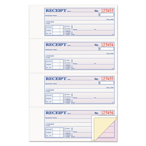 Receipt Book, Three-Part Carbonless, 7.19 x 2.75, 4 Forms/Sheet, 100 Forms Total-(ABFTC1182)