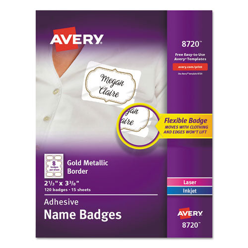 Flexible Adhesive Name Badge Labels, 3 3/8 x 2 1/3, White/Gold Border, 120/PK-(AVE8720)