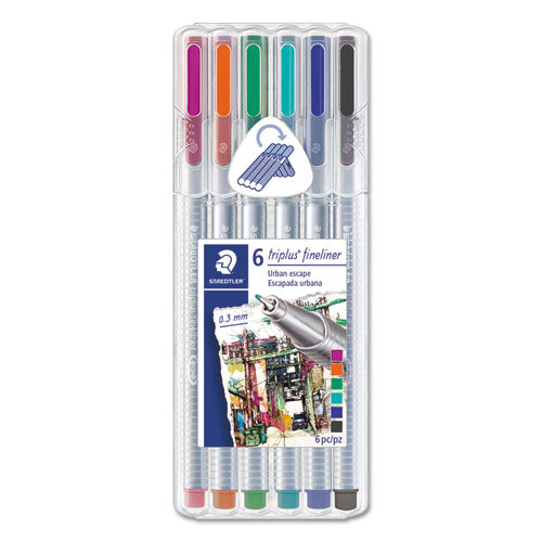 Triplus Fineliner Porous Point Pen, Stick, Extra-Fine 0.3 mm, Assorted Ink Colors, Silver Barrel, 6/Pack-(STD334SB6S2A6)