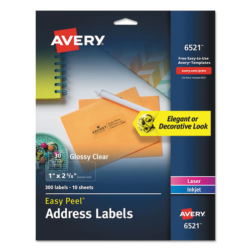 Glossy Clear Easy Peel Mailing Labels w/ Sure Feed Technology, Inkjet/Laser Printers, 1 x 2.63, 30/Sheet, 10 Sheets/Pack-(AVE6521)