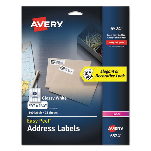 Glossy White Easy Peel Mailing Labels w/ Sure Feed Technology, Laser Printers, 0.66 x 1.75, White, 60/Sheet, 25 Sheets/Pack-(AVE6524)