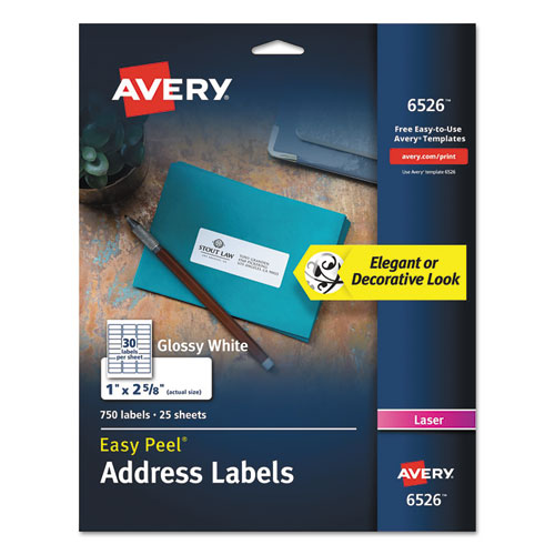 Glossy White Easy Peel Mailing Labels w/ Sure Feed Technology, Laser Printers, 1 x 2.63, White, 30/Sheet, 25 Sheets/Pack-(AVE6526)